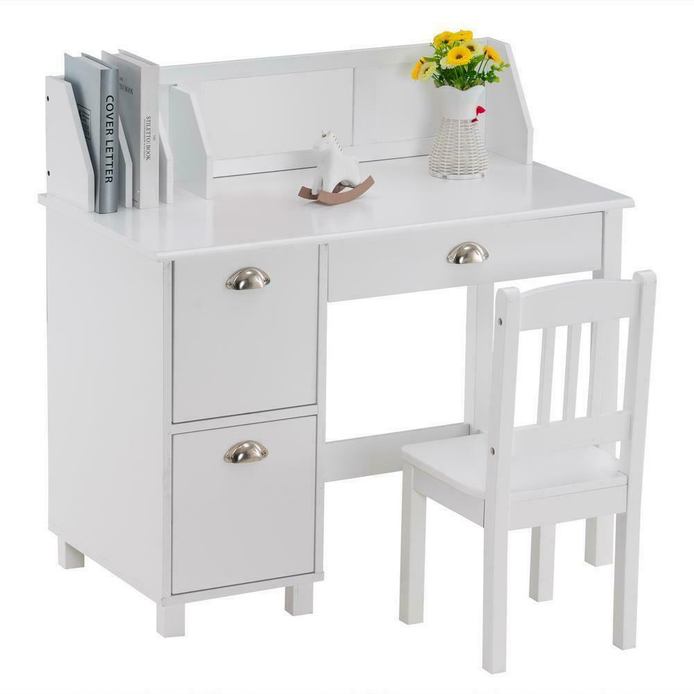 Home Student Study Desk Table And Chair For Child With Drawers Book Shelf White