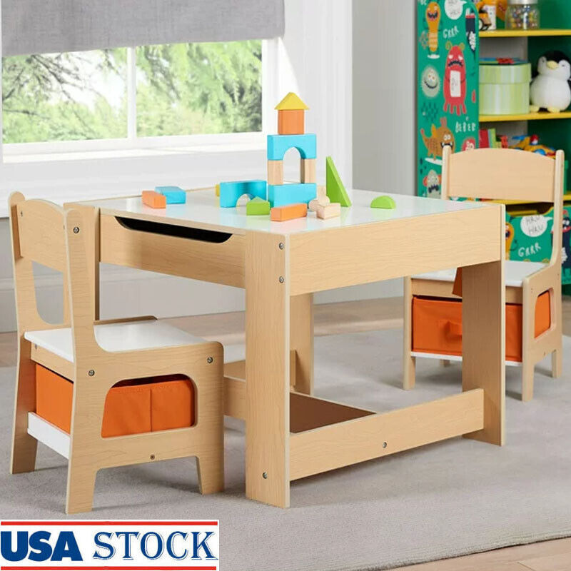 Kids Activity Table And 2 Chairs Set 3 Piece Toddler Wooden Storage Playrooms Us