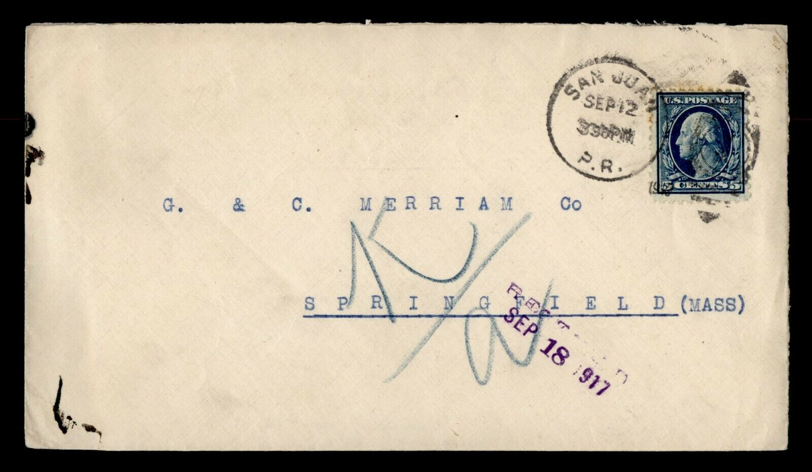 Dr Who 1917 Puerto Rico San Juan To Usa Registered  G29514